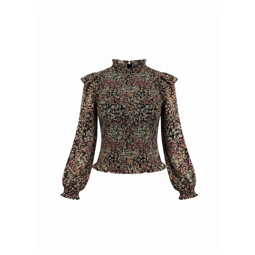 Dex Floral Smocked Blouse Mock Neck Long Sleeve Ruffle Top Black Pink Large